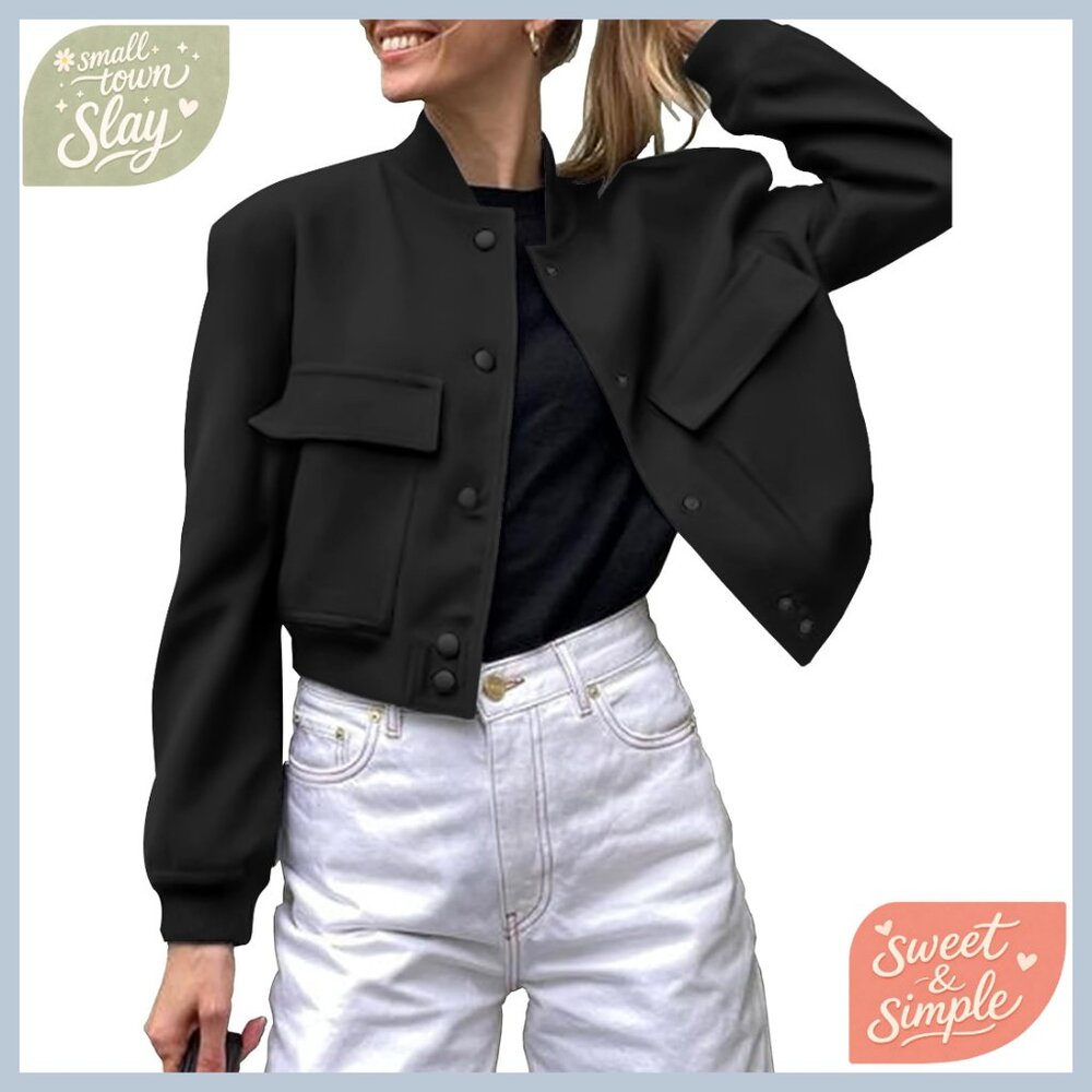 Lightweight Bomber Jacket Button Down Casual Crop… - image 1